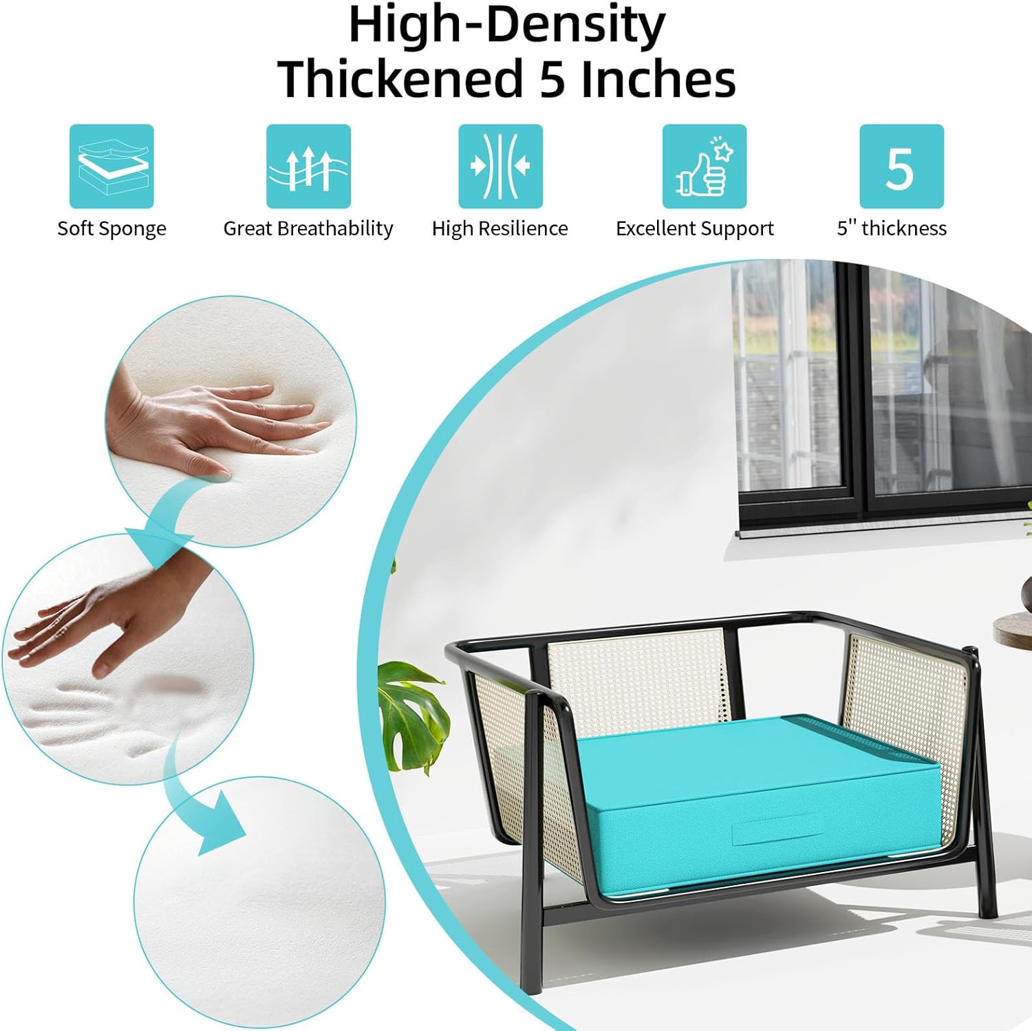 Outdoor Olefin Chair Cushions 19"x19"x5" Set of 2 Waterproof Patio Seat Cushions for Patio Furniture with 4-Level Color Fastness Sofa Pads with Handle DIY Straps for Yard Garden, Turquoise