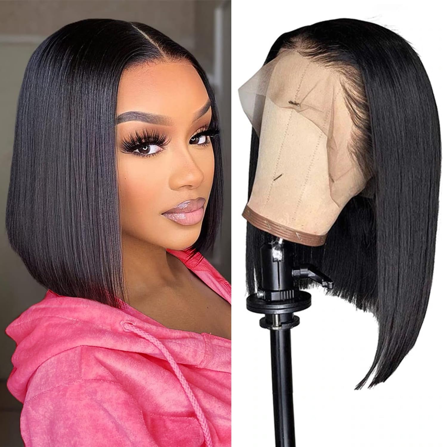 Bob Wig Human Hair 13x4 Frontal Lace Wig Human Hair 180 Density Glueless Pre Plucked with Baby Hair Straight Bob Wigs for Black Women 180% Density Pre Plucked Natural Color 12 inch