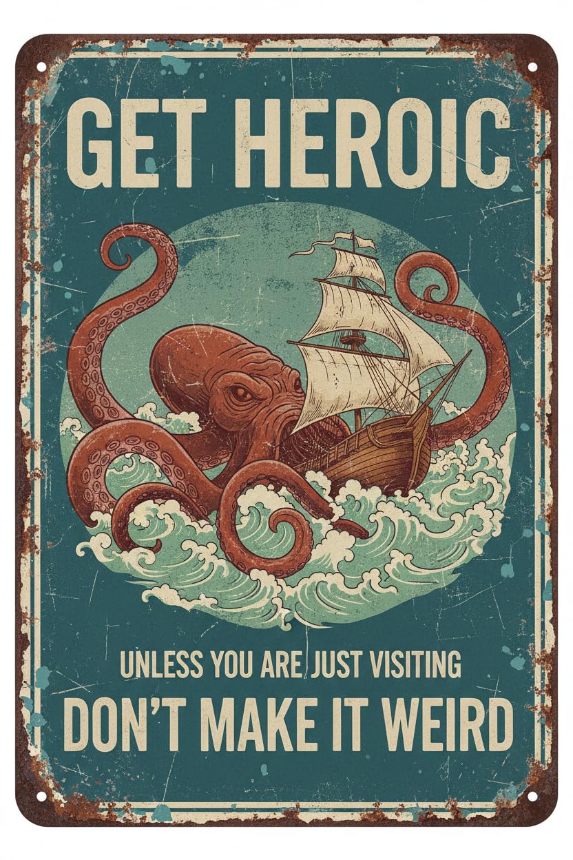 Funny Octopus Bathroom Tin Sign, 8x12 Inch Beach Decor