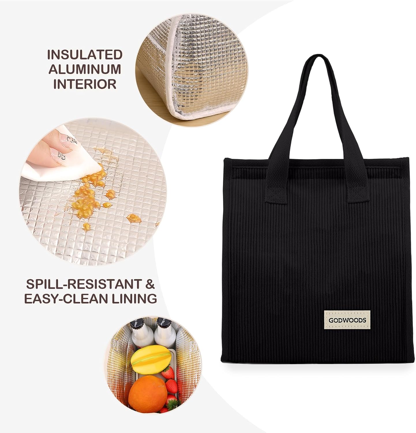 TELLUMO Corduroy Insulated Lunch Bag, 7.75L Large Capacity Reusable Lunch Box, Cute Lunch Tote for Women Men, Leakproof Lunch Cooler for Work Picnic Travel (Corduroy Black)