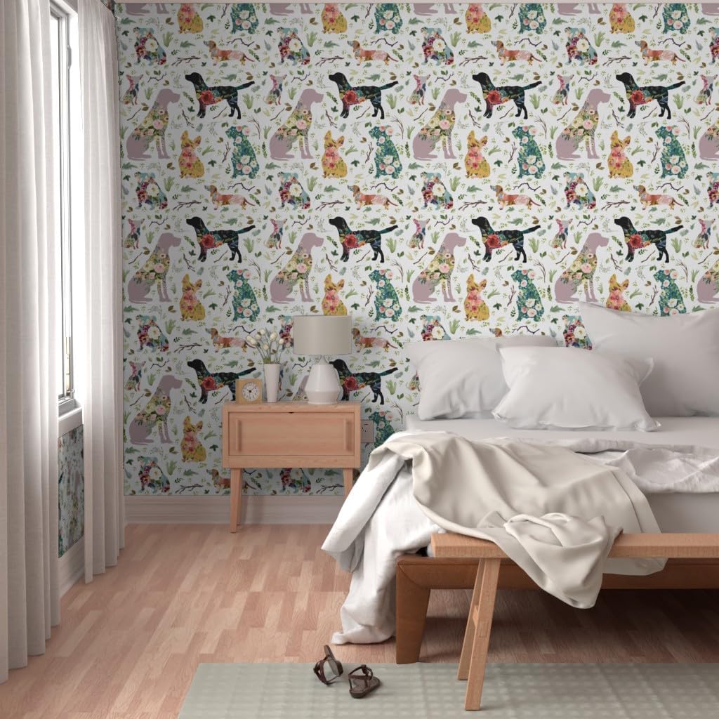 Peel & Stick Wallpaper 3ft x 2ft - Patchwork Dogs Blue Yellow Floral Animals Baby Girls Silhouette Custom Removable Wallpaper by Spoonflower
