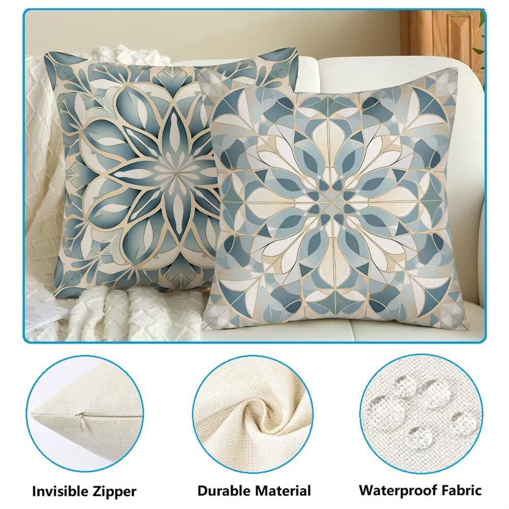 Federe Cuscini da Esterno Impermeabili 65x65 Blu Copri Cuscini per Divano Boho Federa Cuscino Floreale Decorativi Copricuscini per Divano Giardino Patio Soggiorno Copricuscino Set di 2 (IU403)