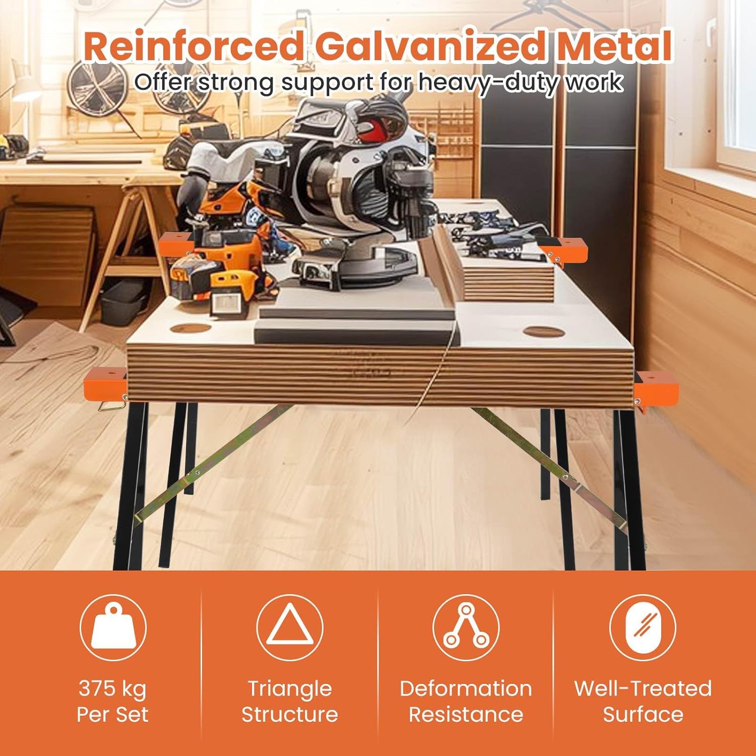 Costway 2-Pack Portable Sawhorses, Heavy-Duty Galvanized Metal Power Tool Stand w/ Non-slip Top & Hinge Brace, Quick-Folding Saw Horses w/ Carrying Handle for Woodworking