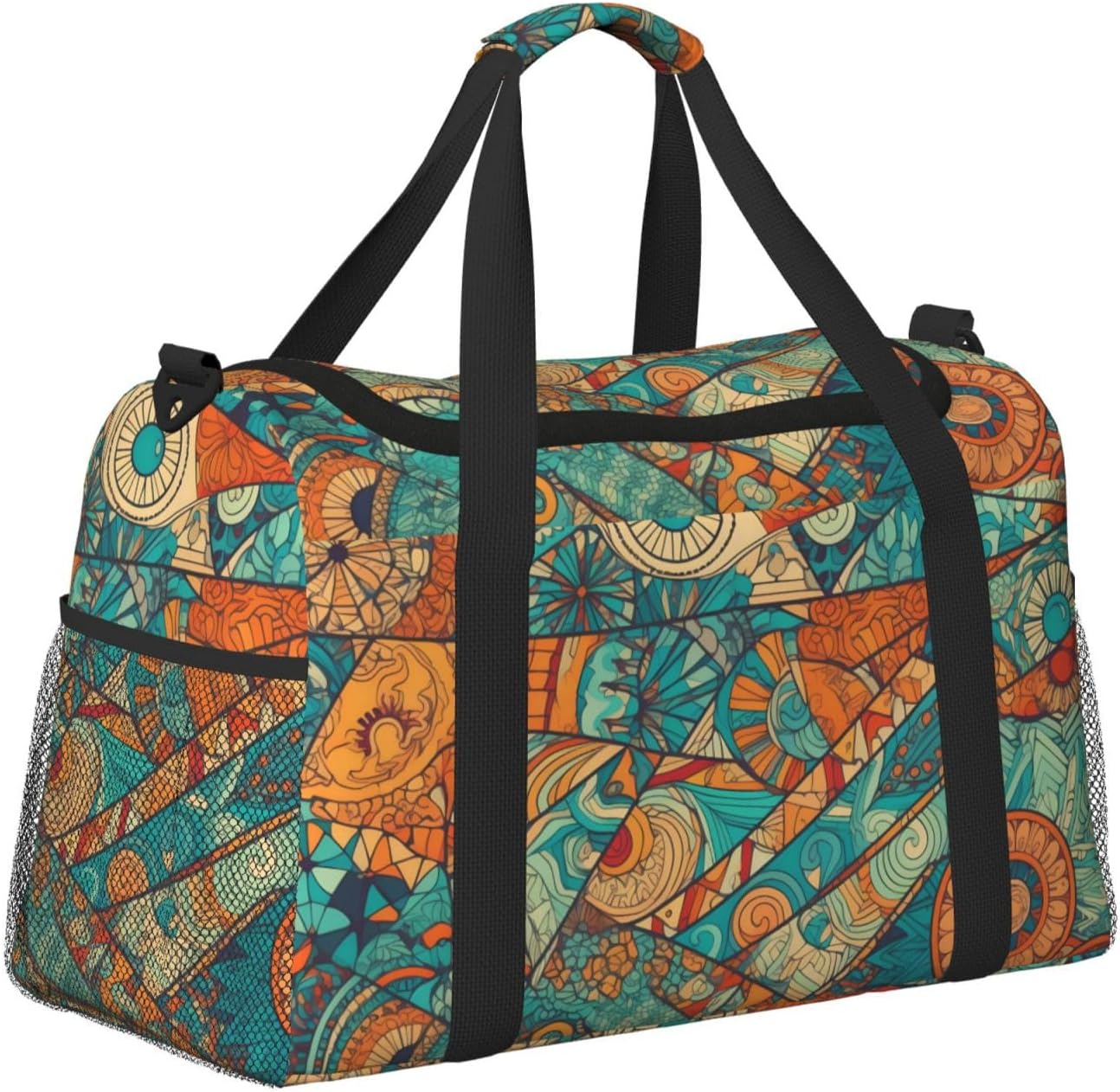 Hippie Patchwork Big Capacity Sports Gym Bag Portable Travel Duffle Bag, Vintage Elements Lightweight Weekender Workout Bag for Overnight, Unisex