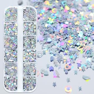 12Grids Nail Holographic Sequin 3D Star Butterfly Nail Art Silver Sticker Confetti Flakes Set for Acrylic Nails