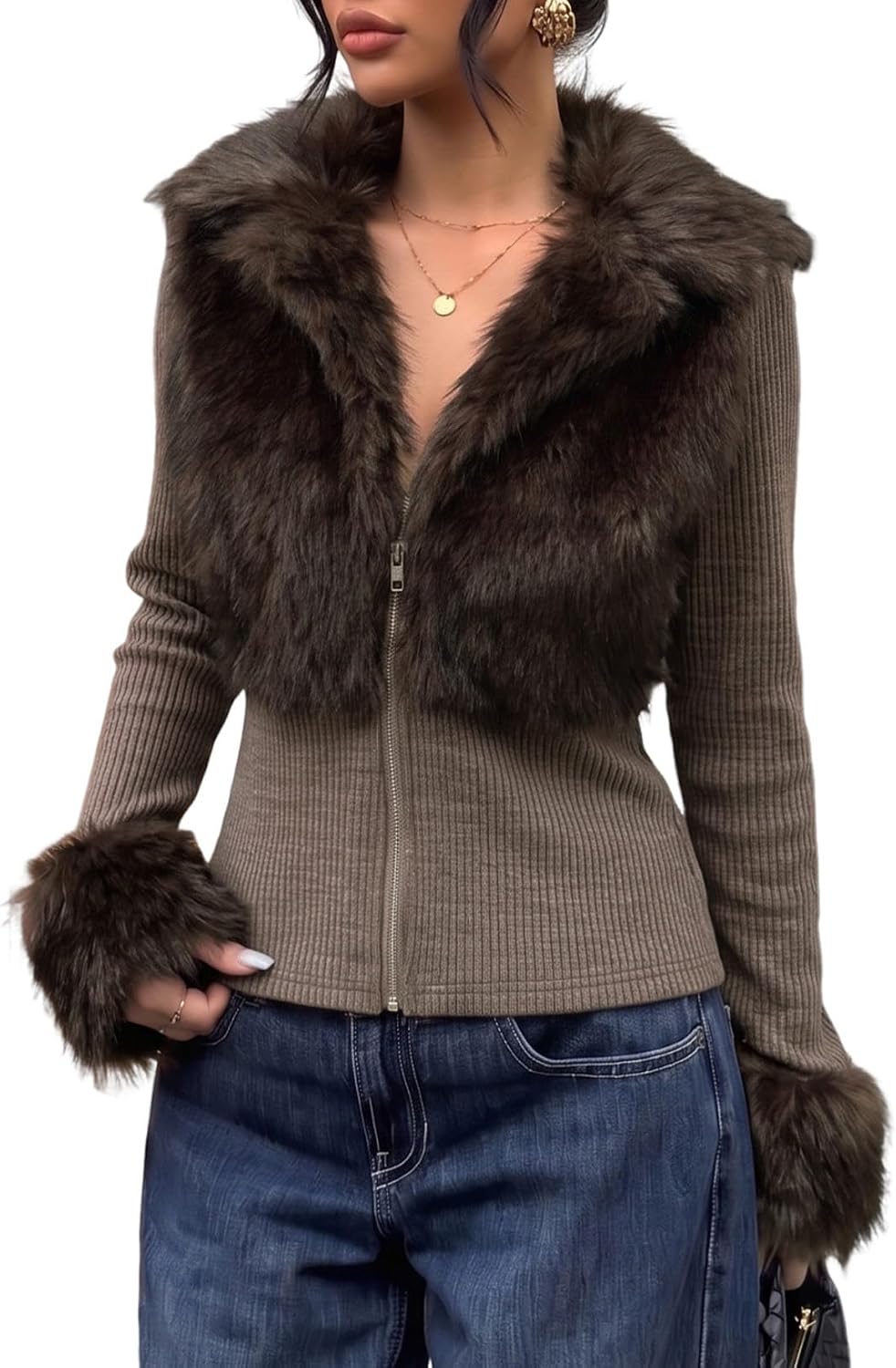 Dokotoo Women's Faux Fur Fuzzy Coats Zip Up Jacket Slim Fit Winter Outwear