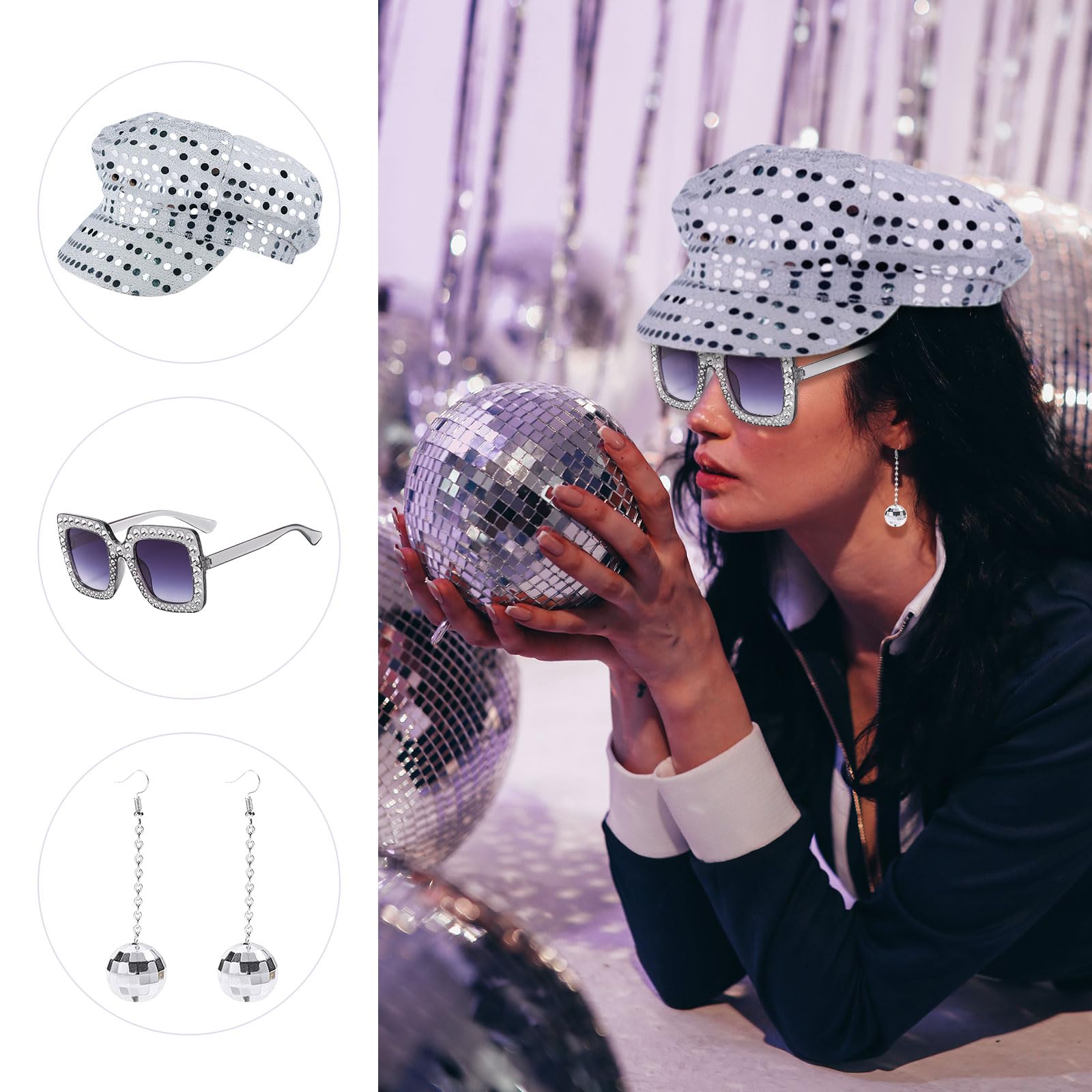 EUPSIIU 3 Pieces 70s Silver Disco Hat for Adults Disco Costume with Glitter Abba Sequin Hat Earrings Square Bling Sunglasses Retro Fancy Dress Up for WomenTheme Party (Silver) - Image 3