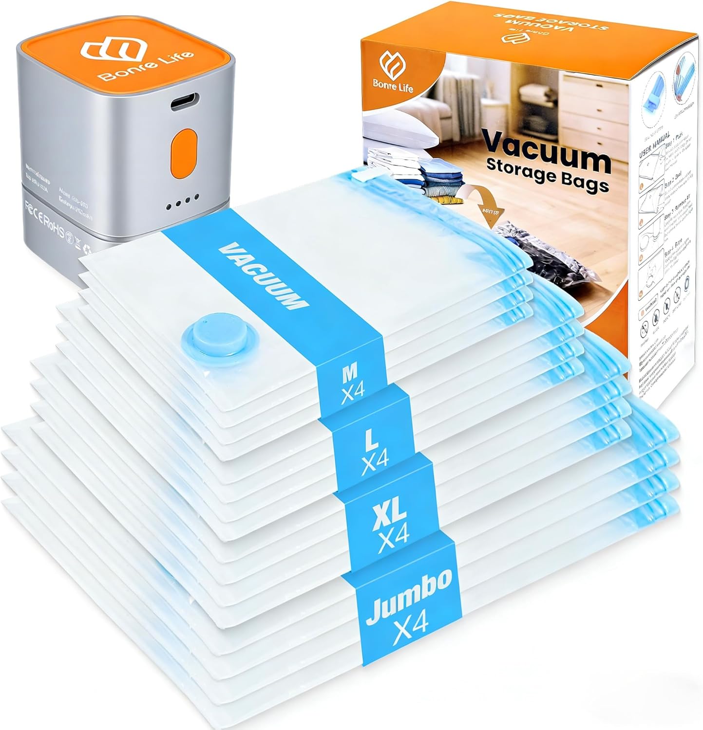 Travel Vacuum Storage Bags with Compact Cordless Pump, 15-Pack Space Saver Vacuum Seal Bags for Clothing & Luggage, Reusable Compression Bags in 3 Carry-On Sizes