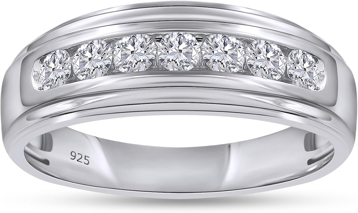 AFFY Men's Wedding Band Ring, 1/2 Carat Round Lab Grown Diamond Channel Set 7-Stone Wedding Anniversary Band Ring In 925 Sterling Silver OR 10K Solid Gold Jewelry Gift for Him (0.50 Cttw)