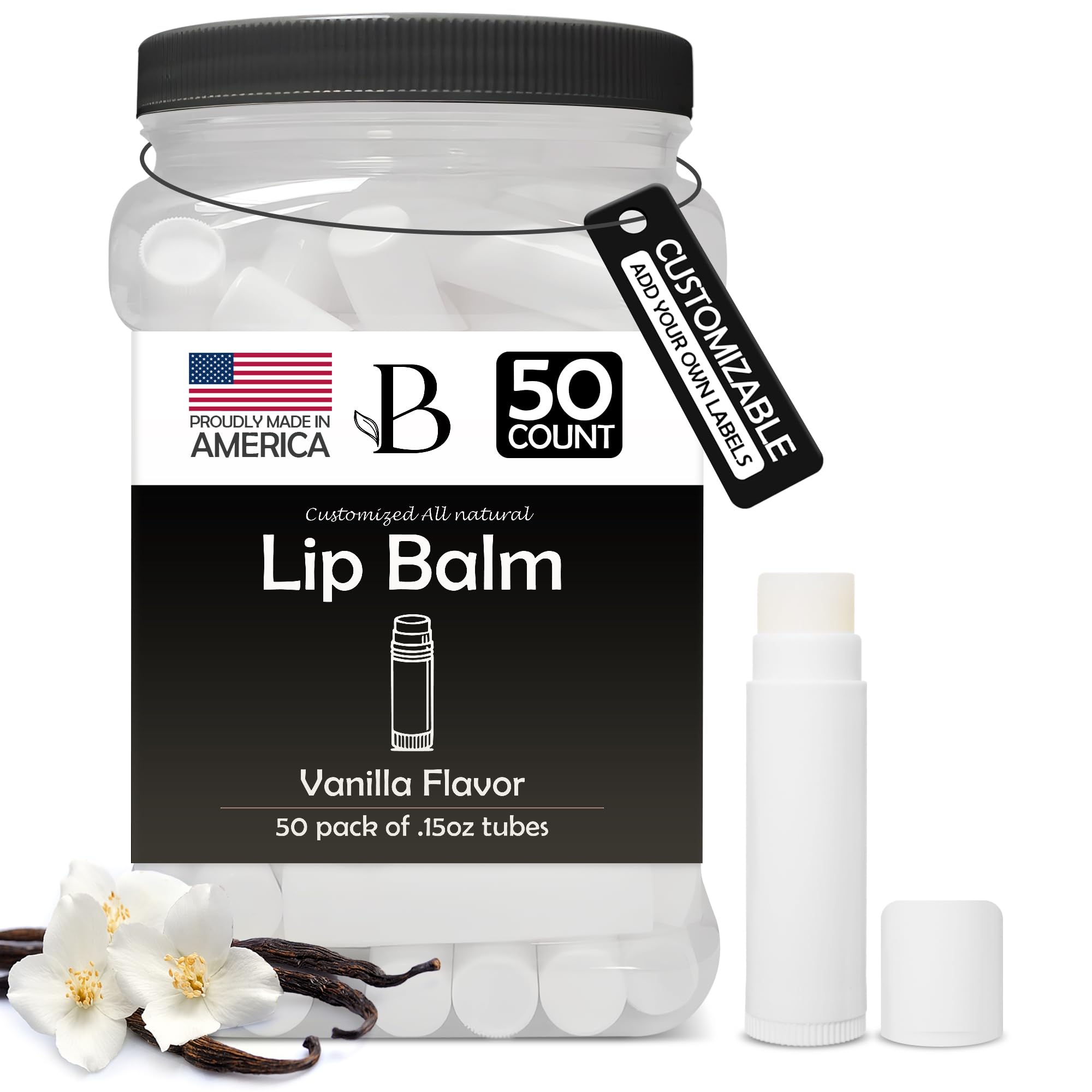Lip Balm Bulk Unlabeled - Made in USA Bulk Chapstick - Natural Ingredients Vitamin E Shea Butter - Custom Chapstick Bulk For Party & Wedding Favors (Black)