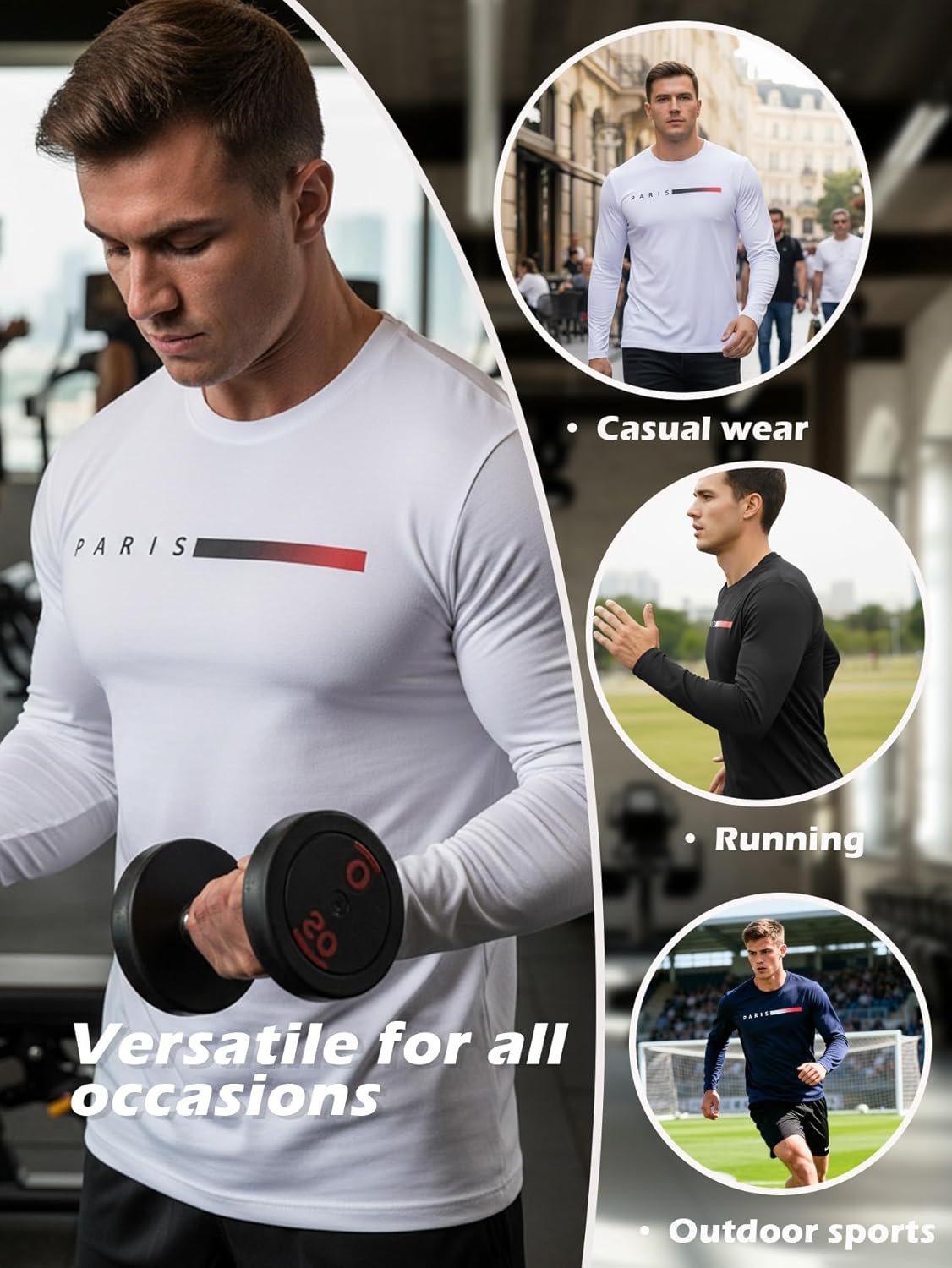 Men's Long Sleeve Paris Print Shirts, Moisture Wicking Quick Dry Stretch Workout Tee, 3 Pack, Casual Running Fishing Sports