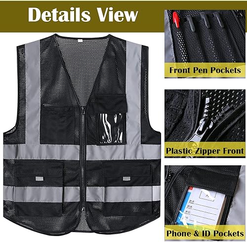 Miniatura 4 de Chaleco de seguridad reflectante de malla de alta visibilidad con cremallera y bolsillos  Chaleco reflectante de construcción , Negro -