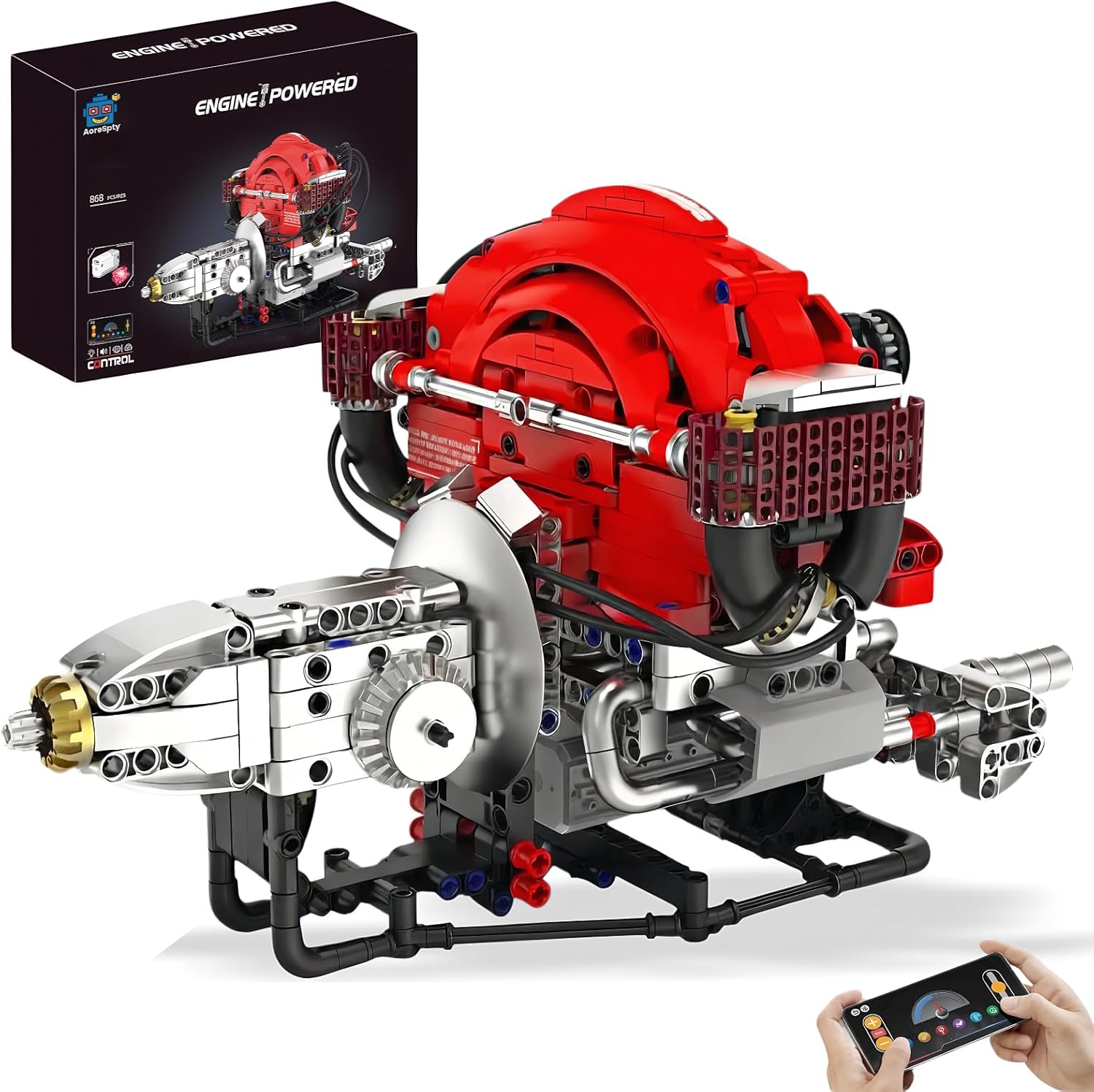 868-Piece H4 Engine Model Kit, Realistic Building Blocks for Adults & Kids, Educational STEM Toys with Bluetooth Control & LED Lights for Men & Teens, Ages 10+