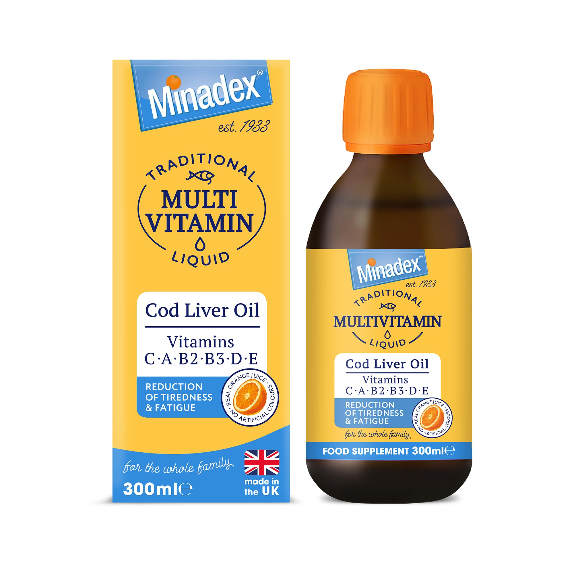Multivitamin Liquid with Cod Liver Oil for Adults & Kids, Delicious Orange Flavour, Vitamins C, A, B2, B3, D, E & Omega-3, Boost Energy & Reduces Tiredness, Supports Immunity, 300ml