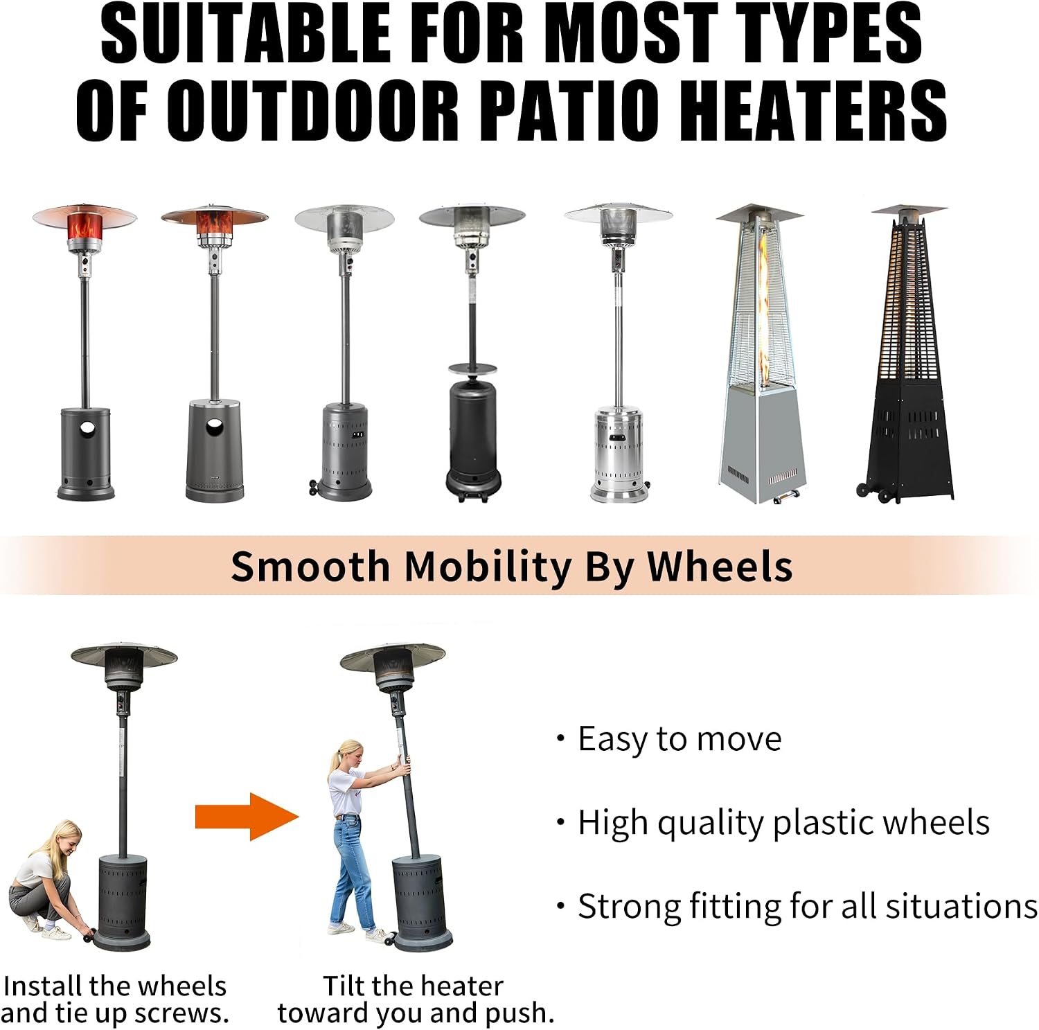 Universal Patio Heater Accessory Wheel Kit – Stainless Steel Bracket with 2 Wheels, Easy Replacement & Mobility Upgrade for Outdoor Gas Heaters with Round Base image 2