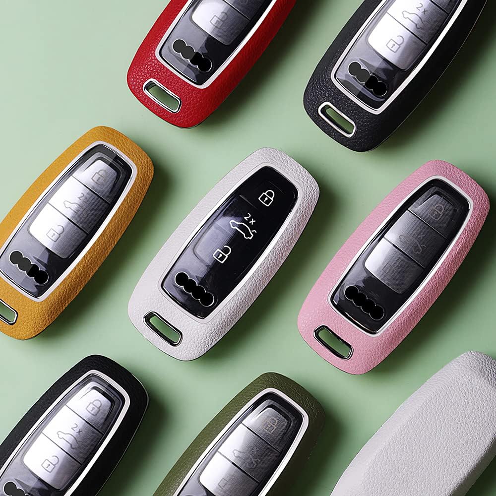 HIBEYO Compatible with Audi A6 A8 Q7 S6 A7 S7 E-Tron RS6 RS7 Q8 SQ8 SQ7 Key Fob Cover Case Holder Protector Keyless Smart Remote Car Key ABC Plastic Leather Key Fob Shell Keychain-Black