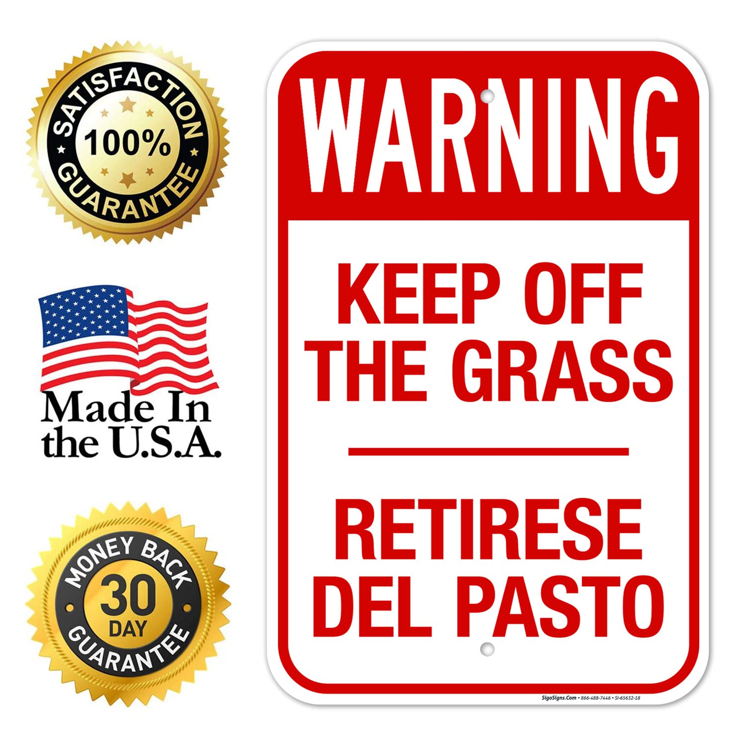 Warning Keep Off The Grass Bilingual Sign, 12x18 Inches, Rust Free .063 Aluminum, Fade Resistant, Made in USA by Sigo Signs