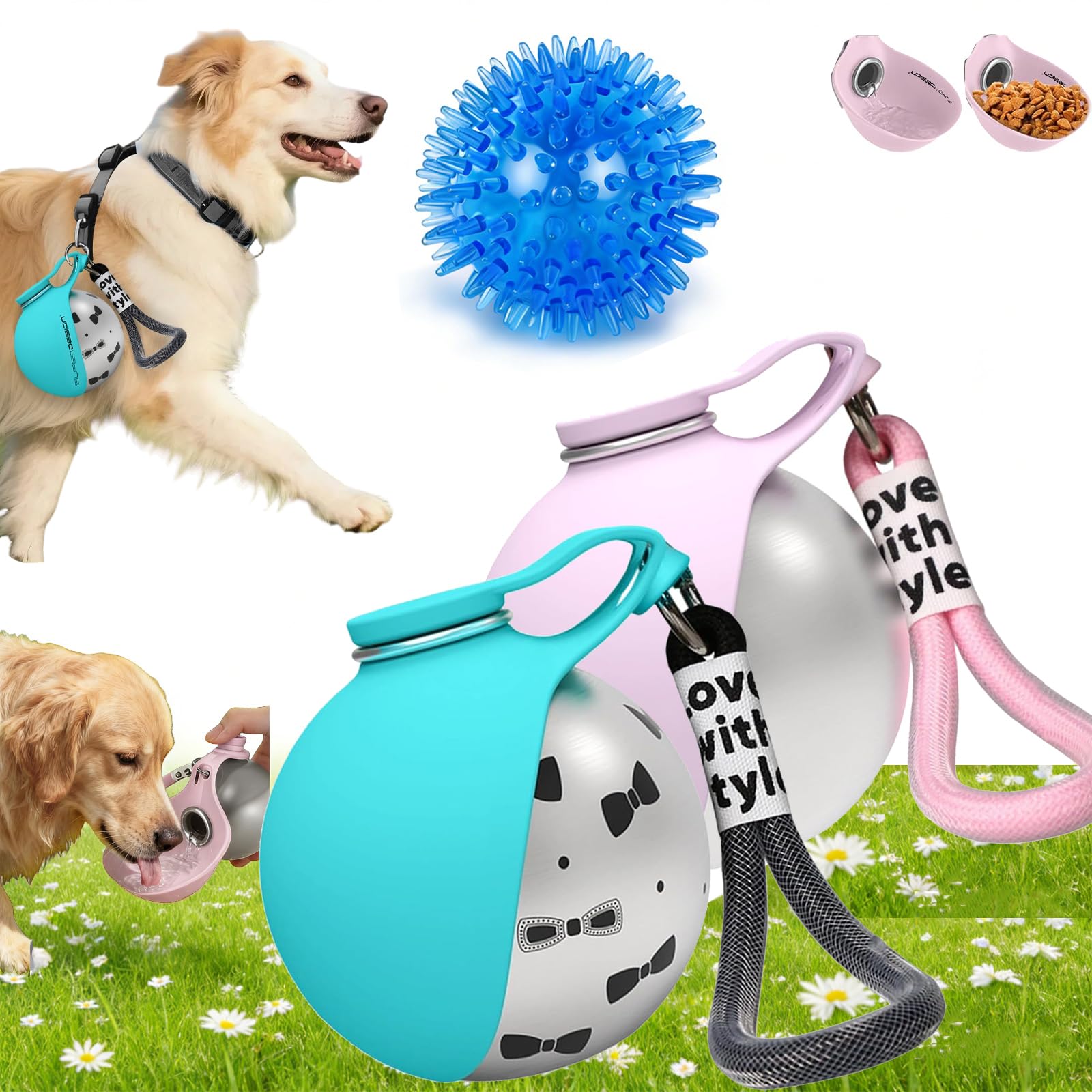 Borraccia portatile per animali domestici, 285 ml, per cani e gatti in viaggio, a prova di perdite, in acciaio inox, per il viaggio, con ciotola pieghevole in silicone (2 pezzi)