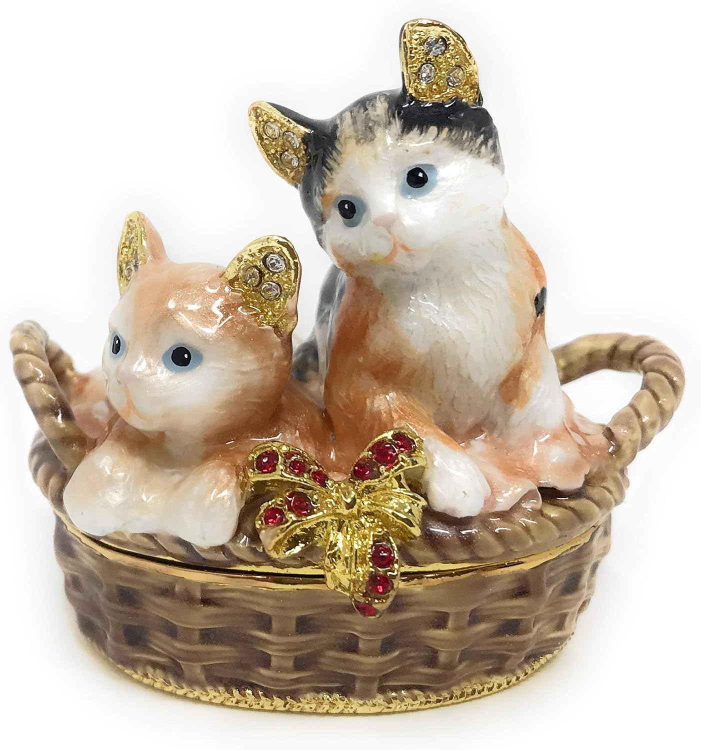 Enameled Kittens in Basket Trinket Box, Accented with Austrian Crystals, 2.25 Inches Tall