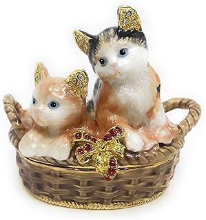 Enameled Kittens in Basket Trinket Box, Accented with Austrian Crystals, 2.25 Inches Tall