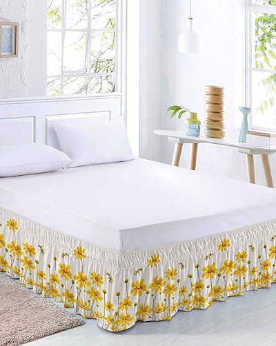 Miniatura 2 de Falda de cama floral amarilla, tamaño King de 16 pulgadas de caída, ajustable y elástica, plisada, con volantes de polvo de lujo para cama