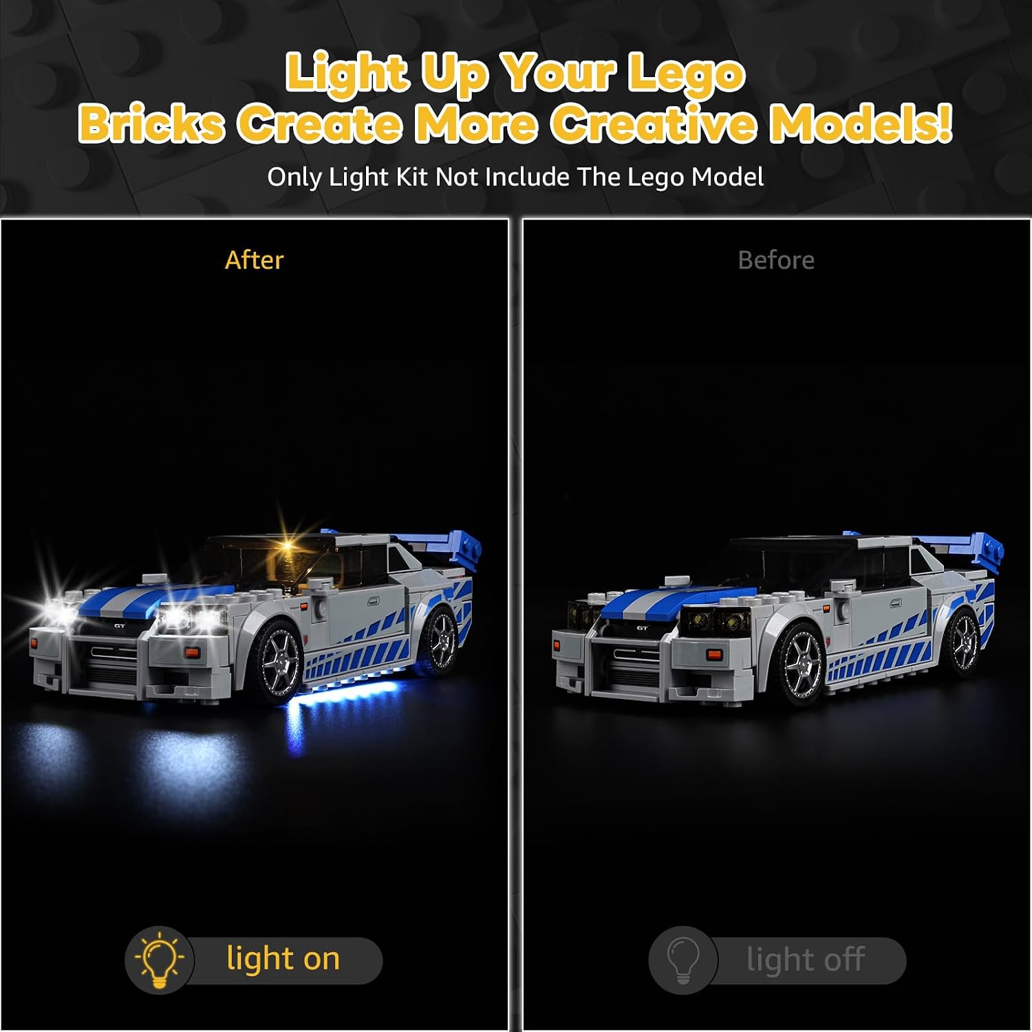 Kyglaring Light Kit Compatible with Lego Furious Nissan Skyline GT-R (R34) Car 76917 Building Blocks, Lights Only, Model Set Not Included, Classic Version