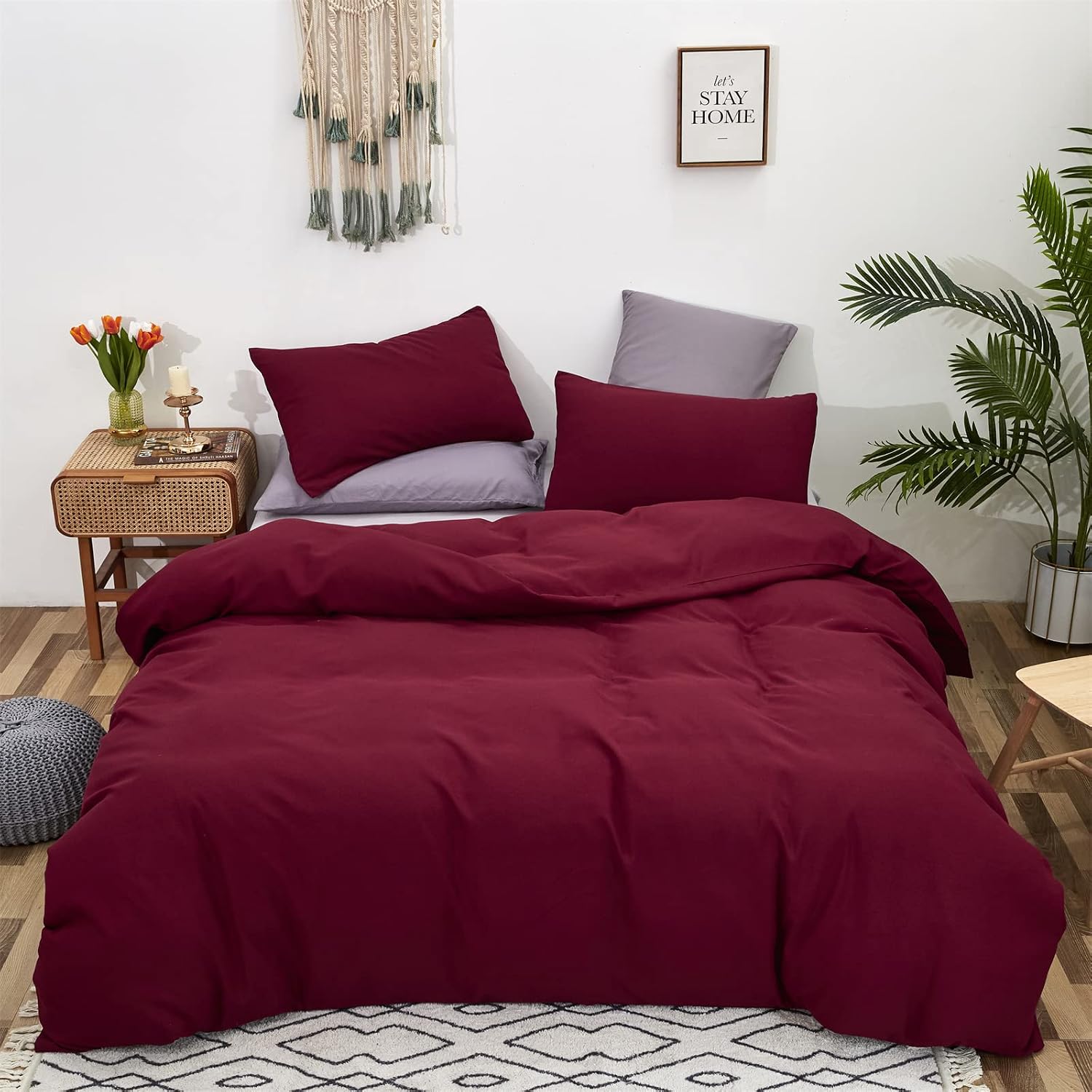 KAREVER Burgundy Comforter Set Queen Size Dark Red Bedding Set Soft Durable Bedding Set Kids Teens Adult Lightweight Plain Burgundy Blanket Breathable Dark Red Bed Comforter Set