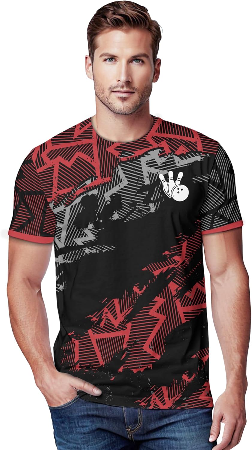 Unisex Bowling T-Shirt Customized Red Striped Bowling Pin T Shirt Printing Bowling Themed Clothes