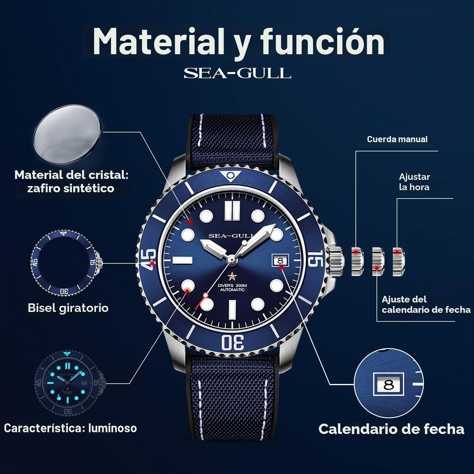 SEA-GULL Reloj de buceo mecánico automático para hombre, resistente al agua hasta 200 m, reloj de pulsera con calendario luminoso, 40 mm, serie Ocean 6204