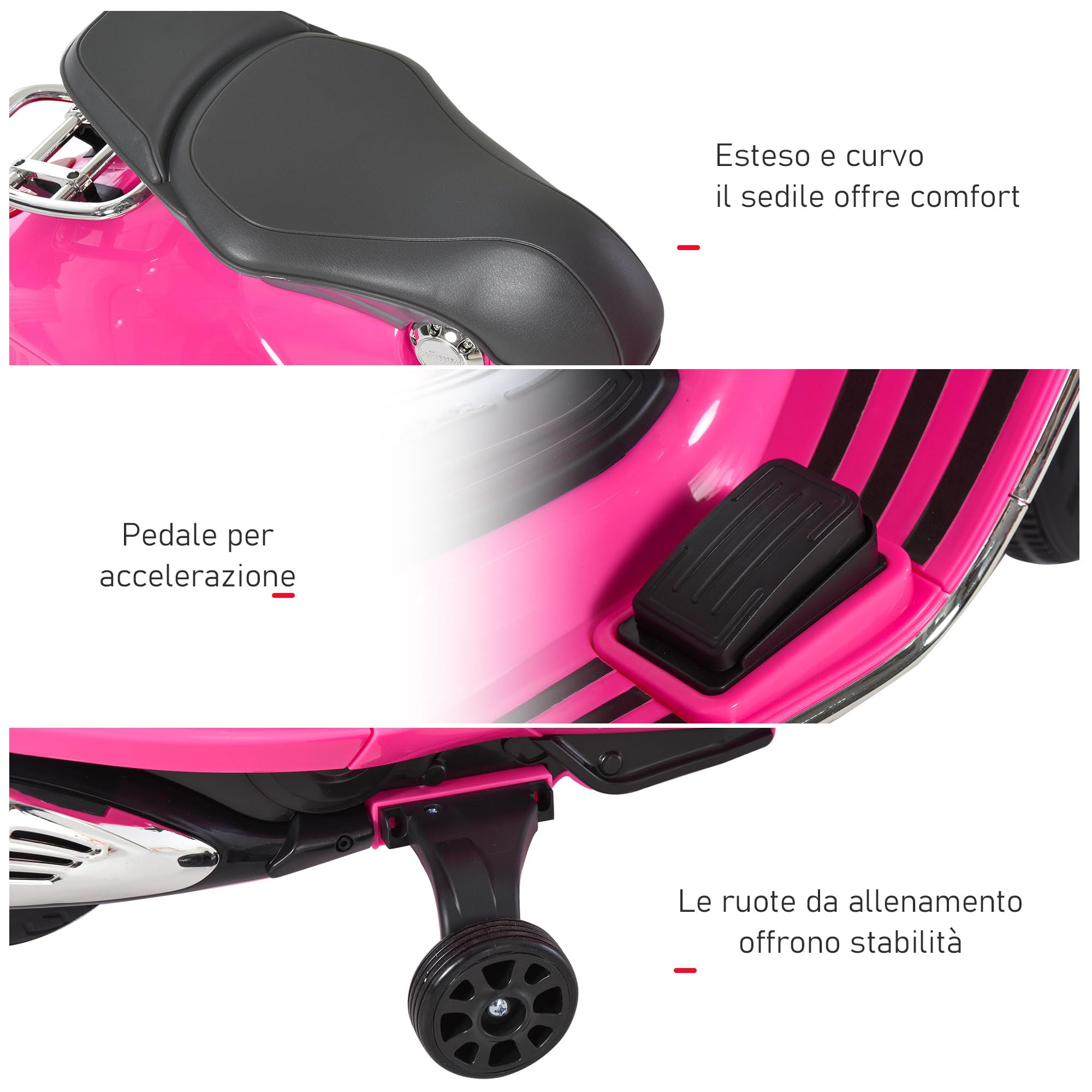 HOMCOM Vespa Elettrica per Bambini con 2 Rotelle, Luci e Suoni, Moto Elettrica per Bambini 3+ Anni, Moto Giocattolo in PP e Acciaio, 108x49x75 cm, Rosa