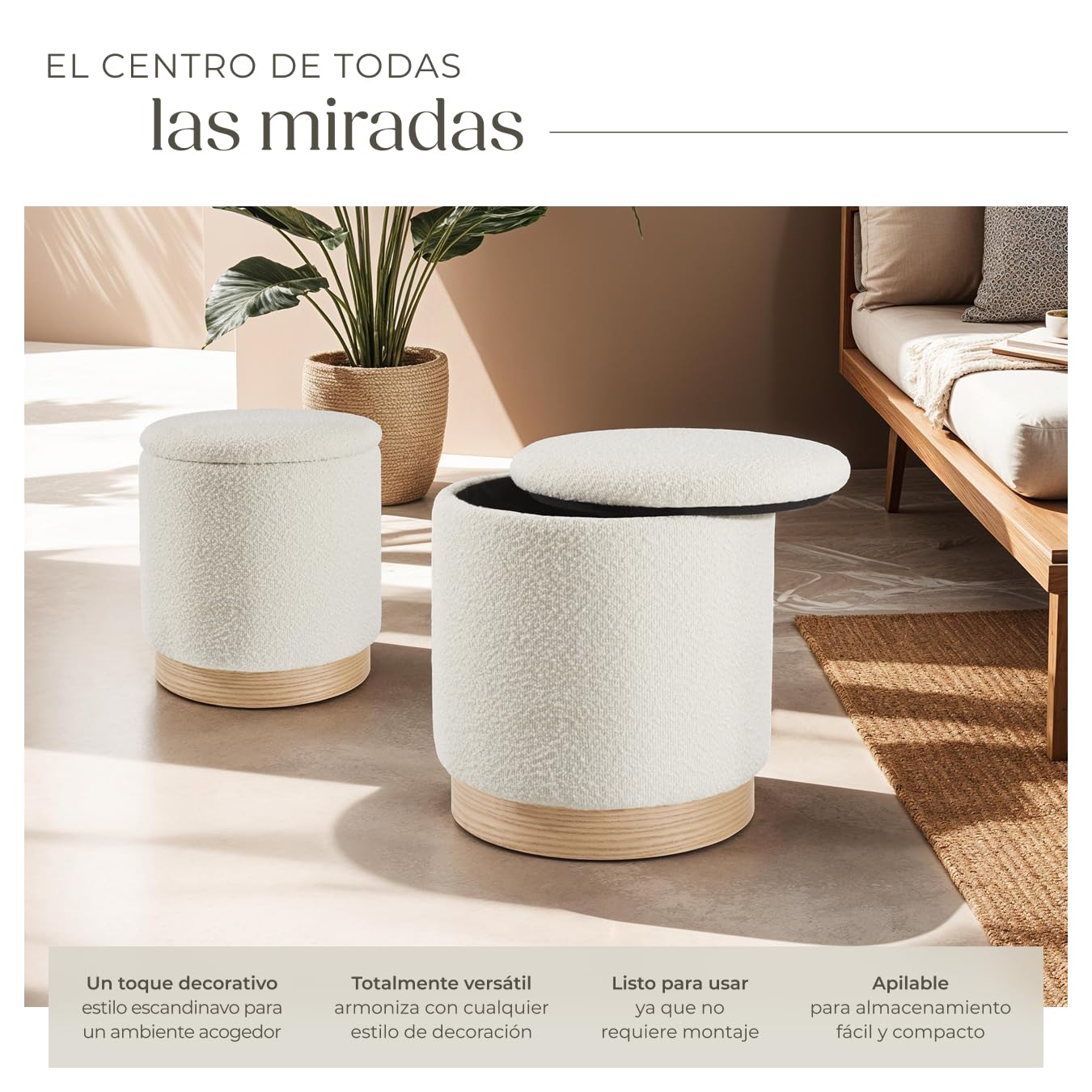 tectake® Taburete Grande y Pequeño, 2 Taburetes Acogedores y Apilables, Tela Bouclé, Escandinavo, Carga 120 kg, MDF, Gran Puff Salon Almacenaje para Hogar, Pequeño Zapatero Entrada Recibidor - Crema
