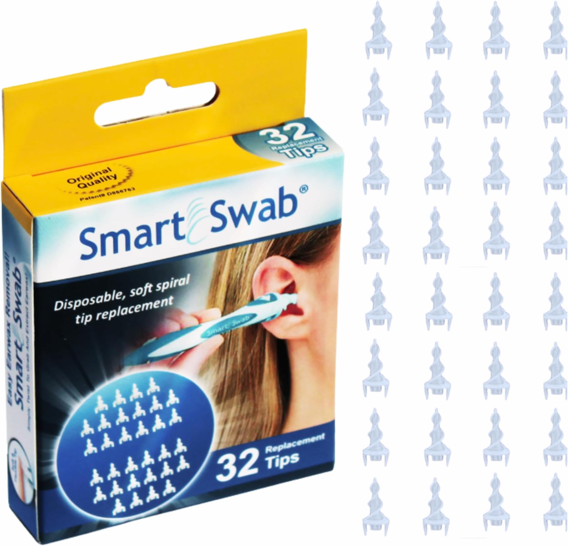 Smart Swab Spiral Ear Wax Removal Replacement Tips – 32 Soft Silicone Spiral Tips Only (No Handle) | Patented Safe Ear Cleaning Design | Easy, Gentle & Reusable Ear Cleaner Refills