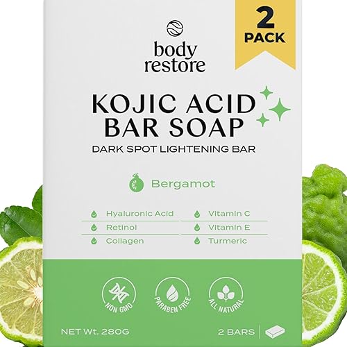 Body Restore Jabón de ácido kójico (bergamota 2 unidades), con vitamina C, E, manteca de karité, colágeno, ácido hialurónico, cúrcuma, retinol para