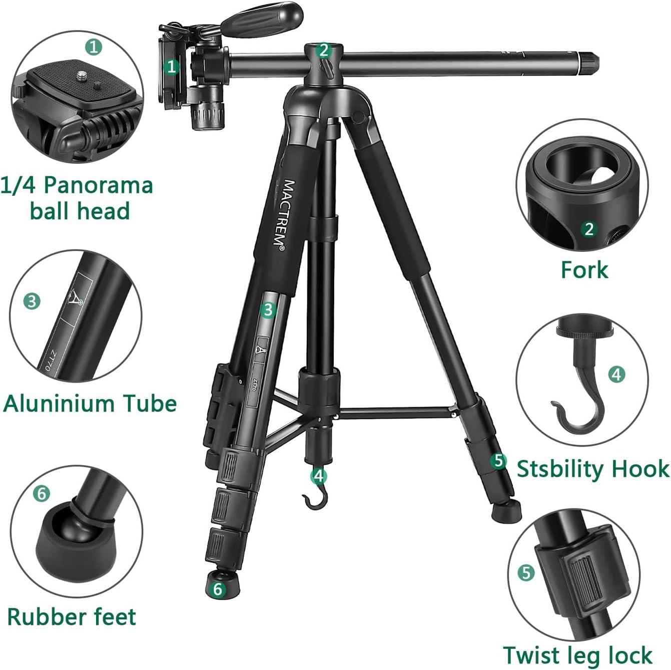 MACTREM 70" Horizontal Camera Tripod, Aluminum Alloy Travel Portable Monopod Tripod for DSLR with Rotatable Center Column(Weight 3.5 Lb, Load 8.82 Lb) : Electronics