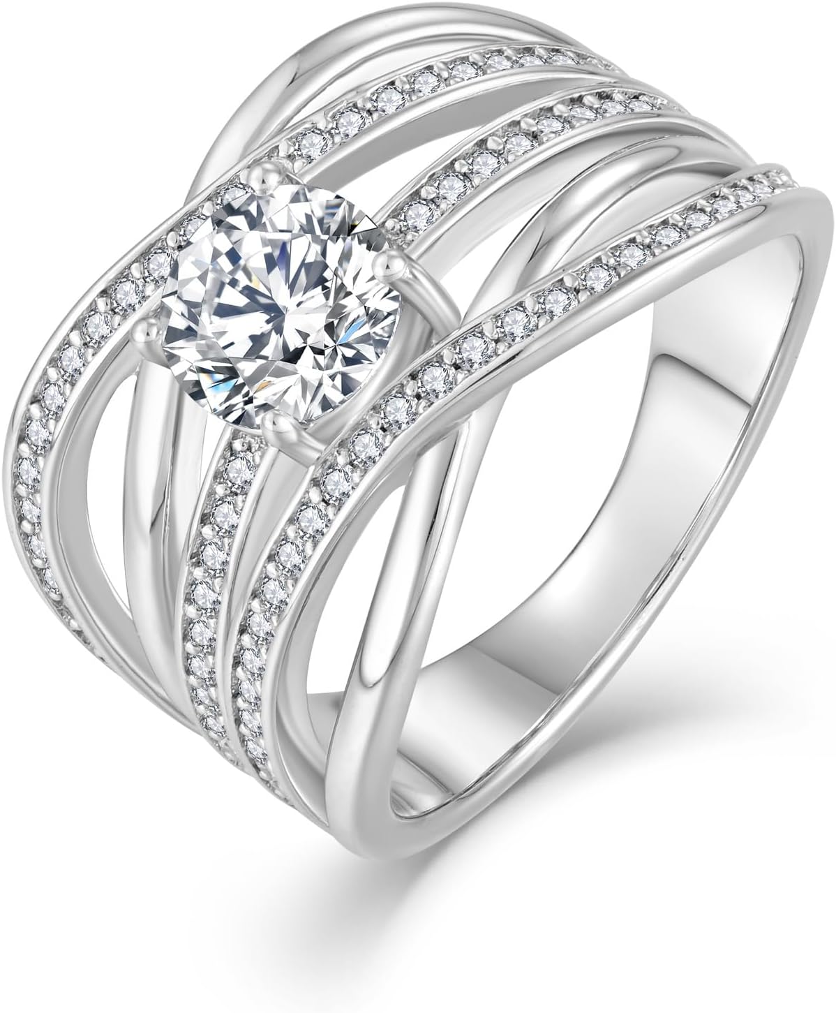 Criss Cross Engagement Ring for Women Rhodium plated 5A Cubic Zirconia Eternity Statement Wedding Band Infinity Promise Anniversary Jewelry Size 6-9