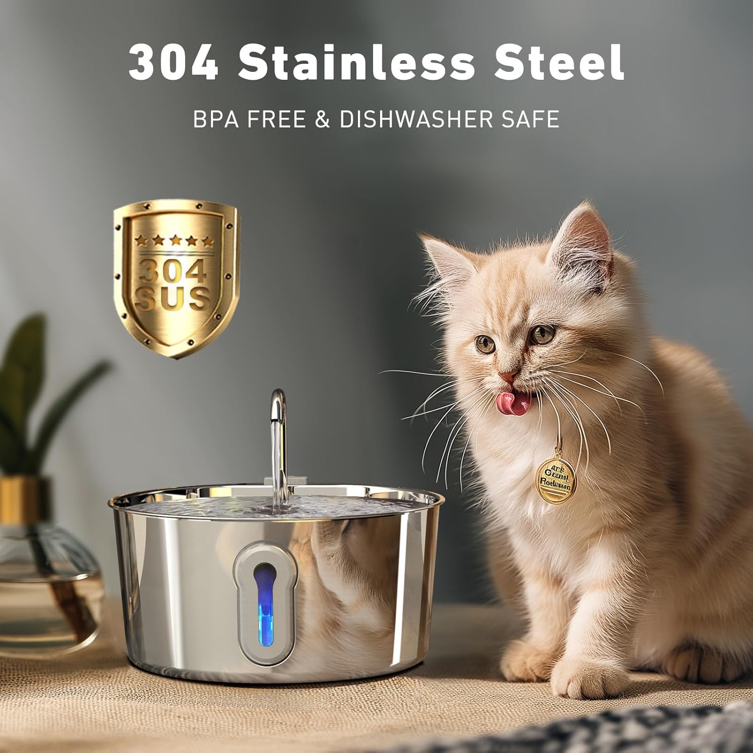 Cat Water Fountain, 4.0L/135oz Automatic Pet Fountain Stainless Steel Large Dog Water Dispenser with Ultra-Quiet Pump & 6 Replacement Filters & for Cats Inside, Dogs, Multiple Pets