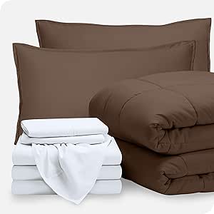 Bare Home Bed-in-A-Bag 8 Piece Comforter & Sheet Set - Split King - Goose Down Alternative - Ultra-Soft 1800 Premium Bed Set (Split King, Cocoa/White)