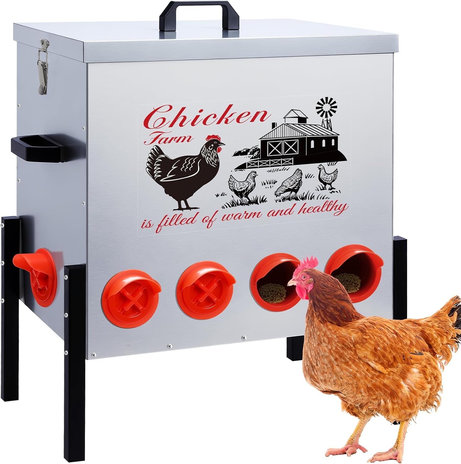 100LBS Large Capacity Automatic Chicken Feeder, Heavy-Duty Metal Feeder Box with 10 Feeding Ports, Anti-Waste Design, Height-Adjustable Legs & Secure Locking Lid for Chickens, Ducks & Poultry