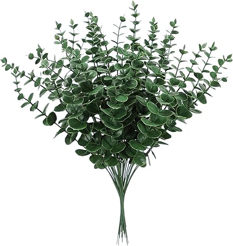 Miniatura 4 de 30 tallos de hojas de eucalipto artificiales, ramas de plástico falsas para decoración del hogar, ramo de boda, centros de mesa, centros de mesa,