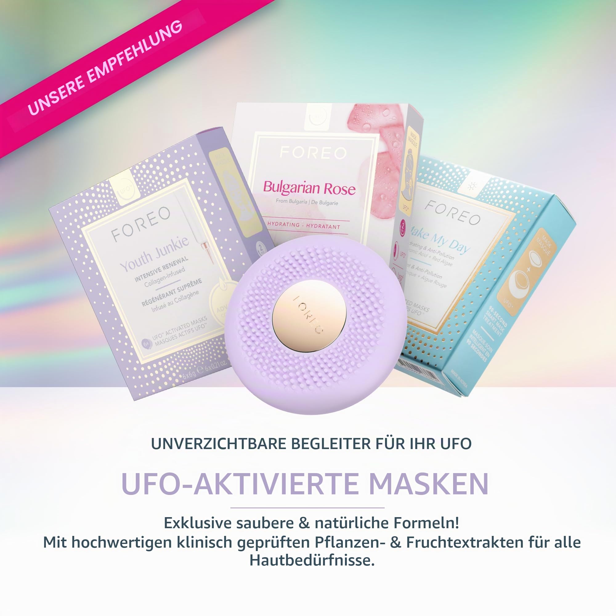 FOREO UFO 3 go Gesichtsmasken-Hautpflegegerät unterwegs – Feuchtigkeitscreme – Anti-Aging-Pflege – Vollspektrum-LED- und Rotlichttherapie – Thermotherapie – T-Sonic-Massage – kompakt – Lavender