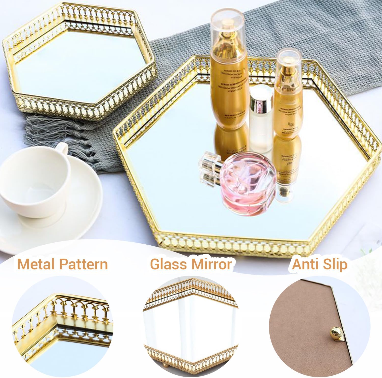 Gold Perfume Tray, Shatter‑Proof Acrylic Mirror Hexagonal Perfume Tray, Hollow‑Out Metal Vanity Display Tray for Dresser Bathroom Bedroom (S‑Hexagon)