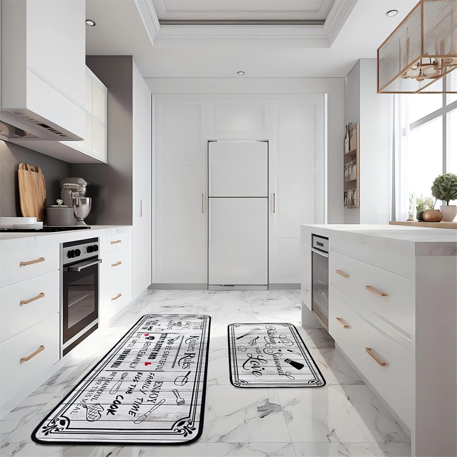 Voanos Kitchen Rugs,Non Skid Washable Microfiber mats for Kitchen Floor, Vintage Farmhouse Kitchen Cushioned Runner Rug Decor Sets of 2,Size 17"x 47"+17"x 30"，Kitchen Rules White