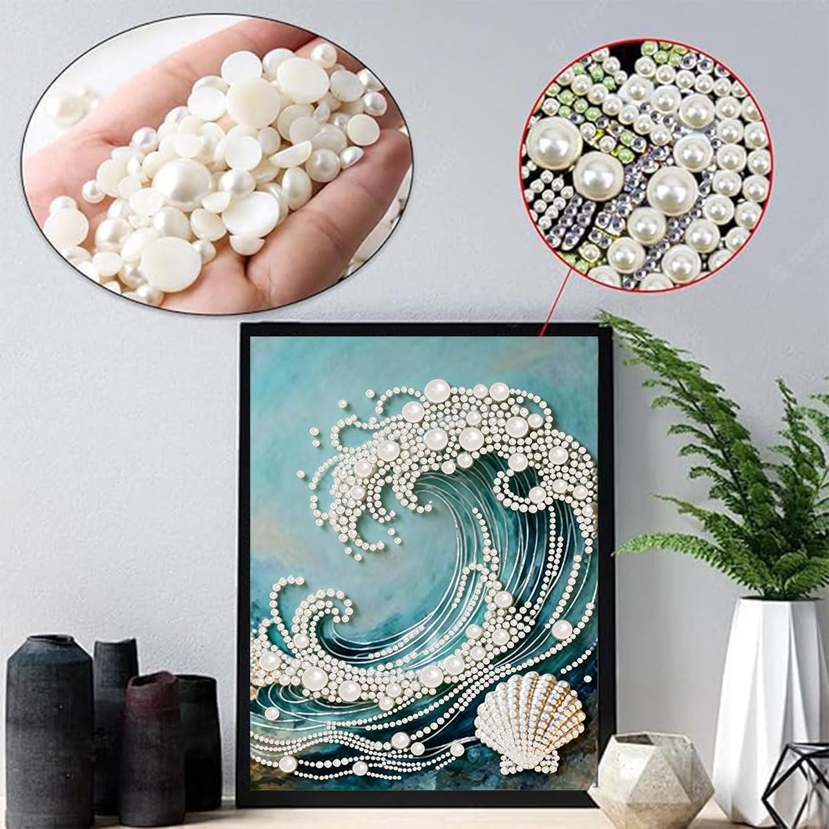 2 Pack Diamond Art Pearl Painting Kits for Adults, Ocean Waves Diamond Art Kits for Beginners, DIY 3D Beach Seashell Plastic Pearl Painting Kit for Home Wall Decoration (12×16 inch)
