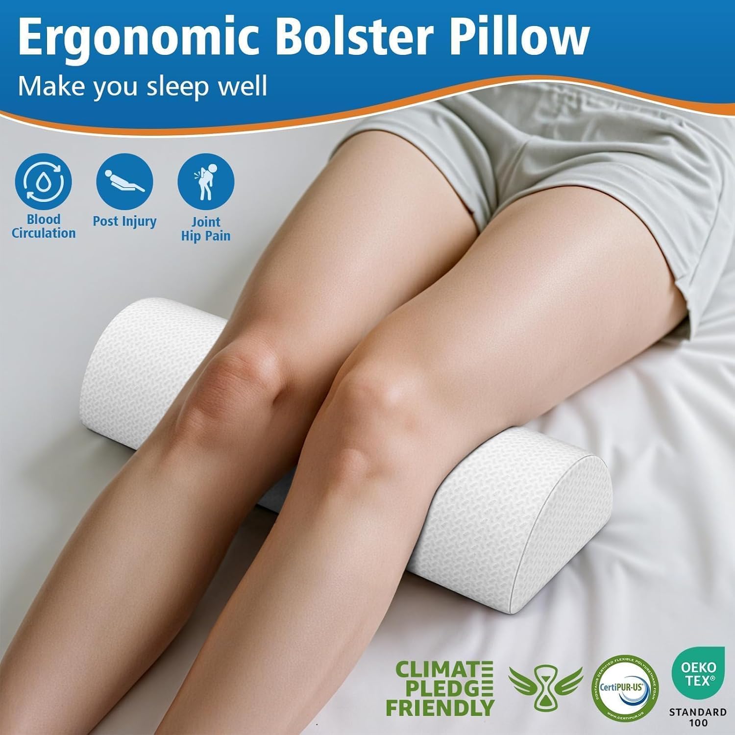 Knee Pillow for Side Sleepers, Half Moon Memory Foam Bolster Pillow for Legs, Ergonomic Design Wedge Elevation Pillow for Side & Back Sleeping, Under Knee Support, Foot, Ankle, Lumbar, White - 2 Pack