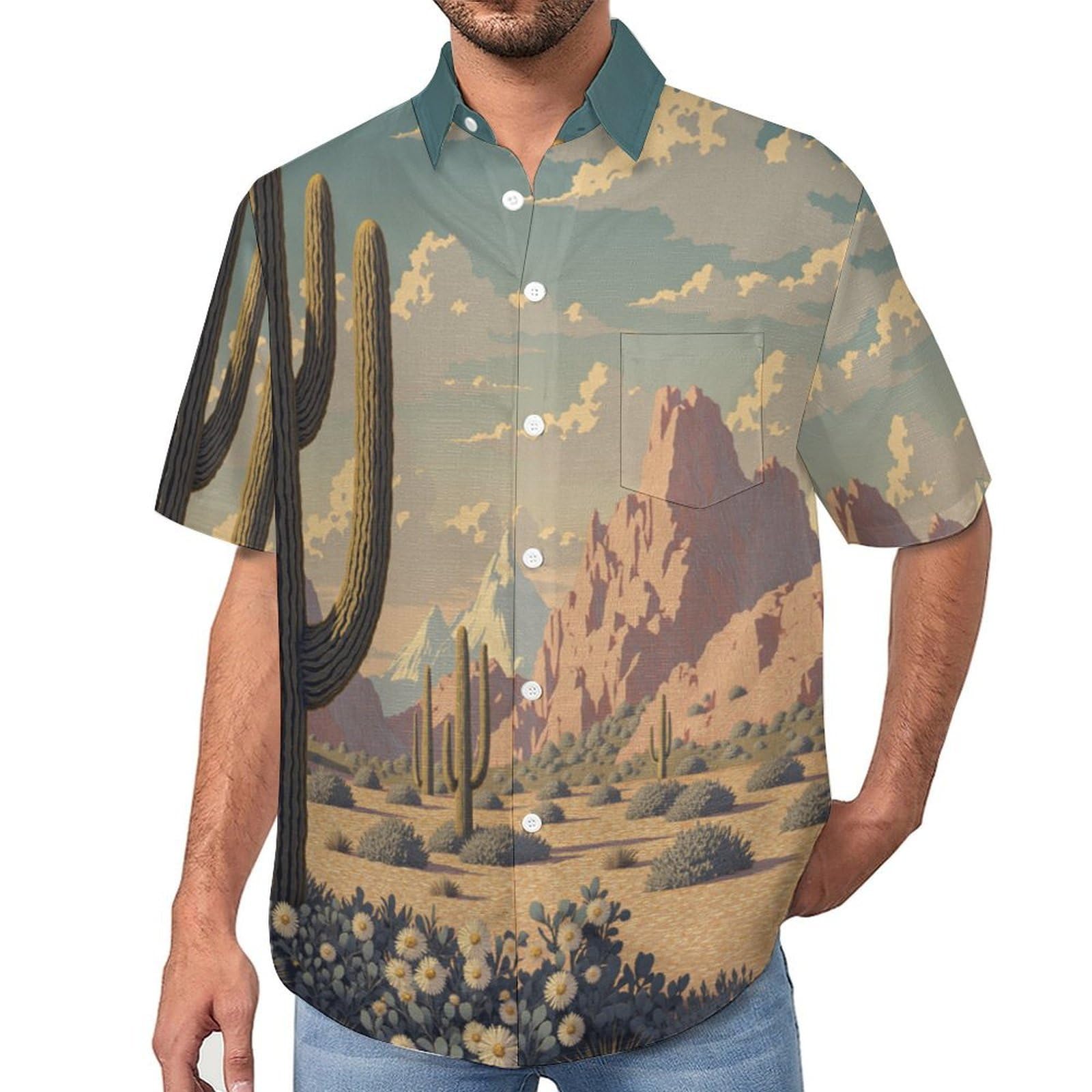 Camicia Casual da Uomo, Illustrazione retrò Stampa Maglietta Estiva a Maniche Corte Stile Cactus del Deserto Casual Button Down Hawaiani Camicie Risvolto Spiaggia Top