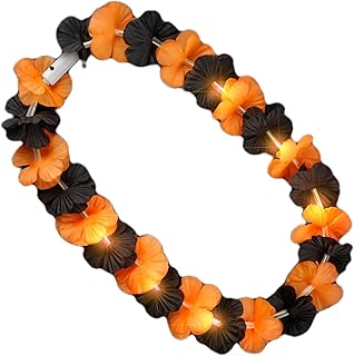LED Illuminated Halloween Tropical Lei - Orange & Black, 6 Flashing Lights, 31