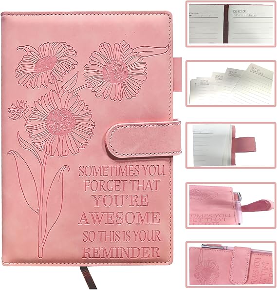 Sunflower Pink Leather Journal - Modern Writing Notebook with Closure and Pen Holder Secret Diary 200 Pages A5 Notebook Gift for Employee School Office Back to School Party Graduation Birthday Gift