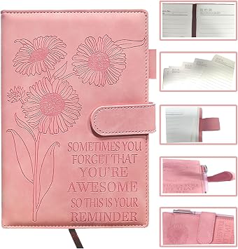 Sunflower Pink Leather Journal - Modern Writing Notebook with Closure and Pen Holder Secret Diary 200 Pages A5 Notebook Gift for Employee School Office Back to School Party Graduation Birthday Gift