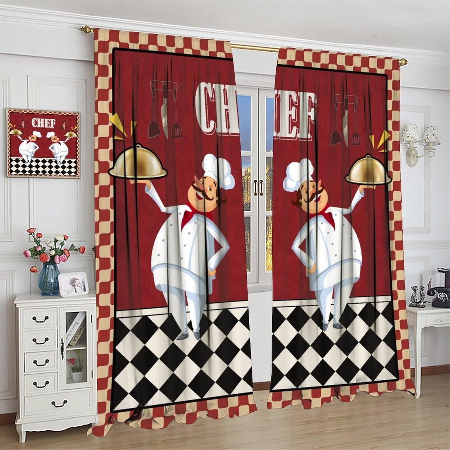 Kitchen Curtains Red Fun Chef Farmhouse Black and White Checkered Cooking Gourmet Tableware Windows Treatments Rod Pocket for Living Room Bedroom Cafe Dining Room 42X62.5in（No Blackout）