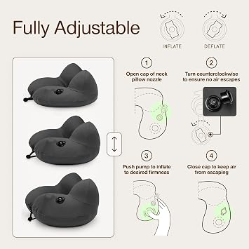 Coop Home Goods AirJustable Travel Neck Pillow, Inflatable, Adjustable Support for Neck & Chin, Compact, Soft Memory Foam Comfort, Airplane Travel Essentials, Cooling & Washable Cover